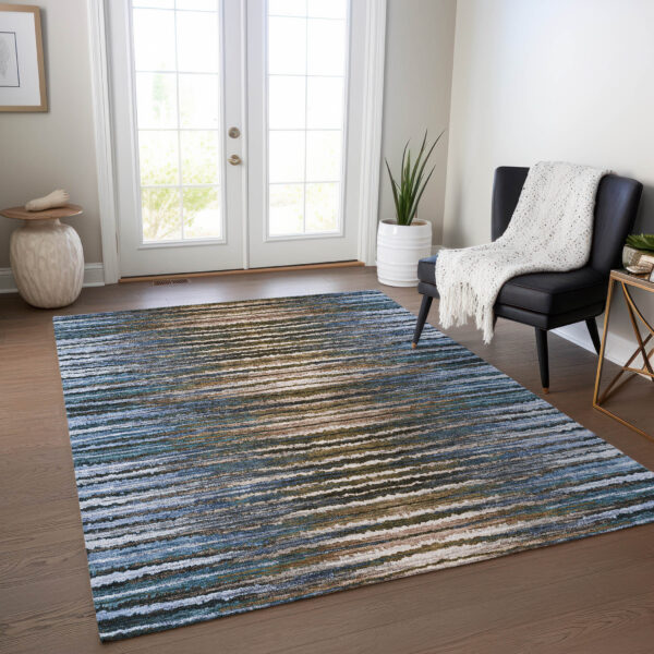 8' X 10' Blue Brown And Sky Blue Striped Washable Indoor Outdoor Area Rug