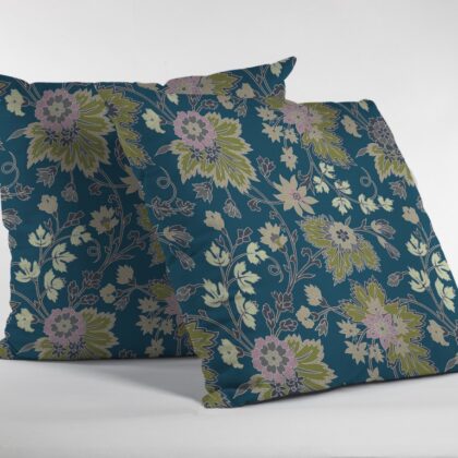 16” Teal Green Jacobean Zippered Suede Throw Pillow