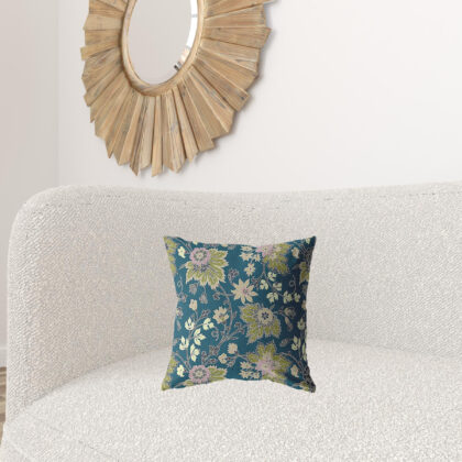 16” Teal Green Jacobean Zippered Suede Throw Pillow