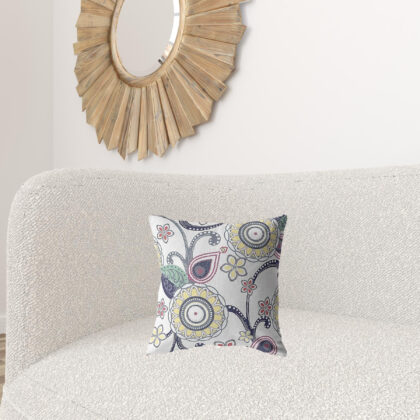 16” White Yellow Floral Suede Zippered Throw Pillow