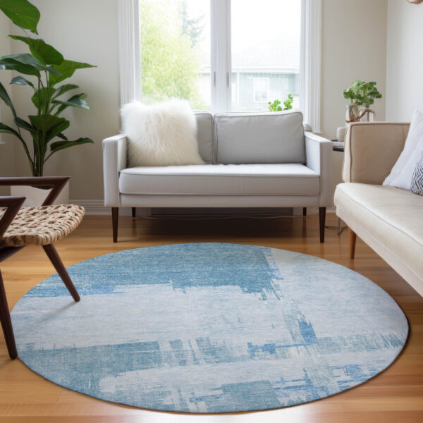 8' Sky Blue And Denim Blue Round Abstract Washable Indoor Outdoor Area Rug