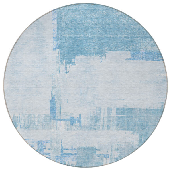 8' Sky Blue And Denim Blue Round Abstract Washable Indoor Outdoor Area Rug