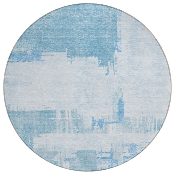 8' Sky Blue And Denim Blue Round Abstract Washable Indoor Outdoor Area Rug