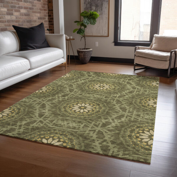 8' X 10' Olive Green Artichoke Green And Gold Floral Medallion Washable Indoor Outdoor Area Rug