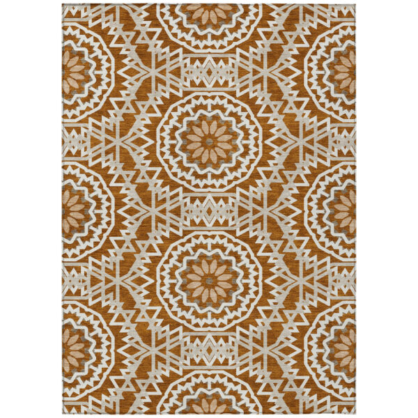 3' X 5' Orange Copper And Beige Floral Medallion Washable Indoor Outdoor Area Rug