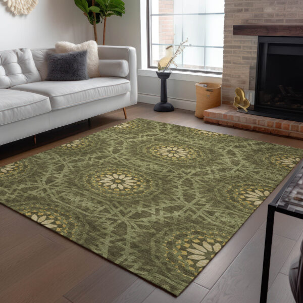 8' X 10' Olive Green Artichoke Green And Gold Floral Medallion Washable Indoor Outdoor Area Rug