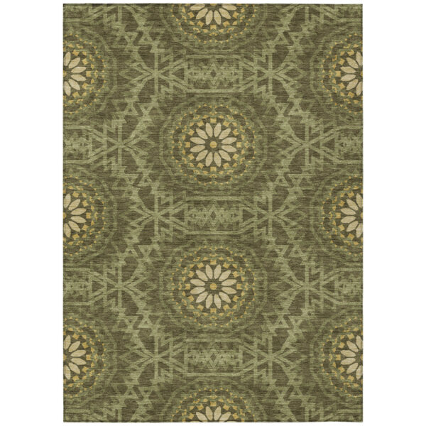 8' X 10' Olive Green Artichoke Green And Gold Floral Medallion Washable Indoor Outdoor Area Rug