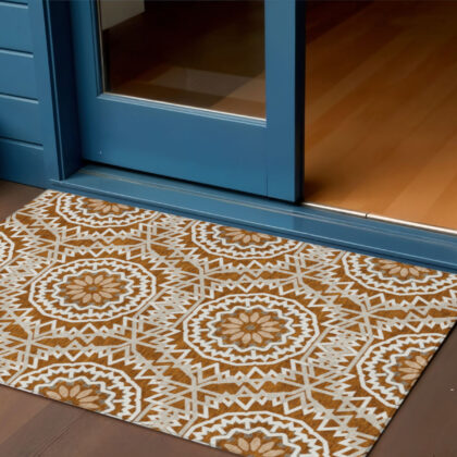3' X 5' Orange Copper And Beige Floral Medallion Washable Indoor Outdoor Area Rug
