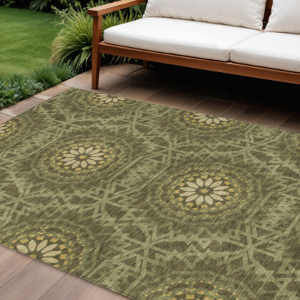 8' X 10' Olive Green Artichoke Green And Gold Floral Medallion Washable Indoor Outdoor Area Rug