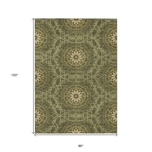 8' X 10' Olive Green Artichoke Green And Gold Floral Medallion Washable Indoor Outdoor Area Rug