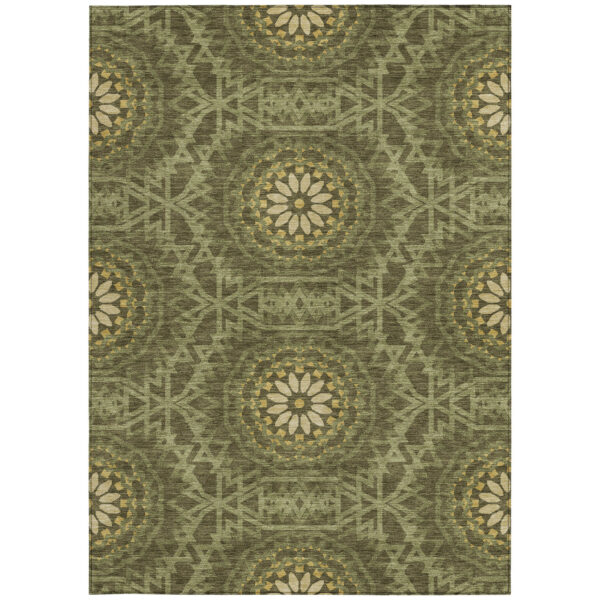 8' X 10' Olive Green Artichoke Green And Gold Floral Medallion Washable Indoor Outdoor Area Rug