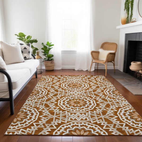 3' X 5' Orange Copper And Beige Floral Medallion Washable Indoor Outdoor Area Rug