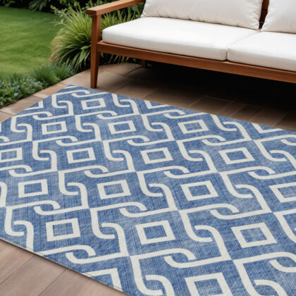 8' X 10' Blue And Ivory Geometric Washable Indoor Outdoor Area Rug