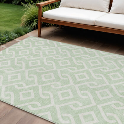 8' X 10' Mint Green And Ivory Geometric Washable Indoor Outdoor Area Rug