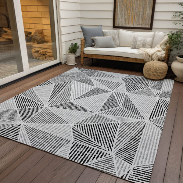 5' X 8' Pewter Charcoal And Gray Geometric Washable Indoor Outdoor Area Rug
