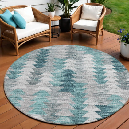 8' Dark Blue Aqua And Gray Round Geometric Washable Indoor Outdoor Area Rug