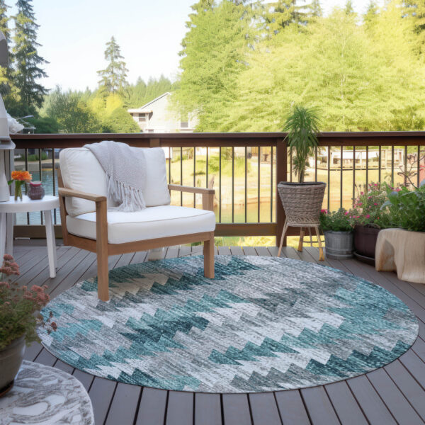 8' Dark Blue Aqua And Gray Round Geometric Washable Indoor Outdoor Area Rug