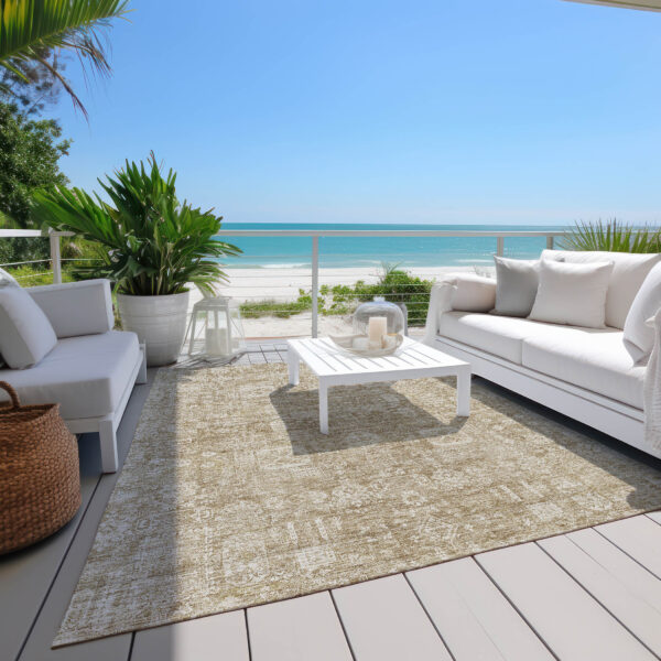 9' X 12' Beige Tan And Ivory Oriental Washable Indoor Outdoor Area Rug