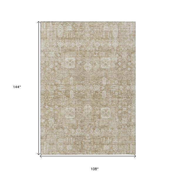 9' X 12' Beige Tan And Ivory Oriental Washable Indoor Outdoor Area Rug
