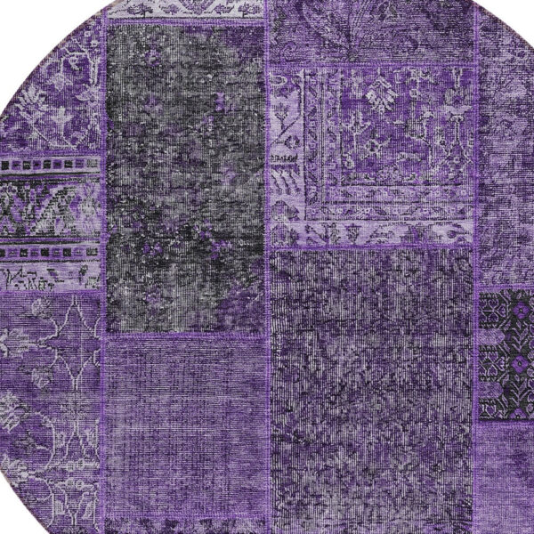 8' Eggplant Purple And Charcoal Round Patchwork Washable Indoor Outdoor Area Rug