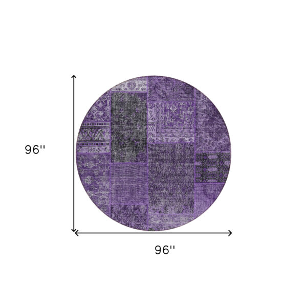 8' Eggplant Purple And Charcoal Round Patchwork Washable Indoor Outdoor Area Rug