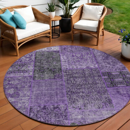 8' Eggplant Purple And Charcoal Round Patchwork Washable Indoor Outdoor Area Rug
