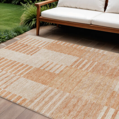 8' X 10' Salmon Peach And Ivory Striped Washable Indoor Outdoor Area Rug