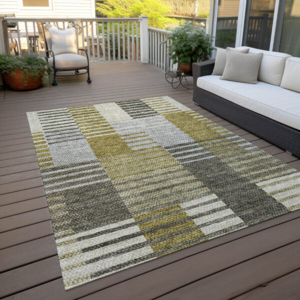 8' X 10' Brown Gold And Taupe Striped Washable Indoor Outdoor Area Rug