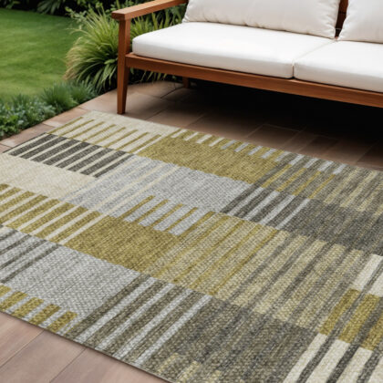 8' X 10' Brown Gold And Taupe Striped Washable Indoor Outdoor Area Rug