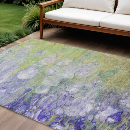 9' X 12' Artichoke Green Purple And Lilac Abstract Washable Indoor Outdoor Area Rug