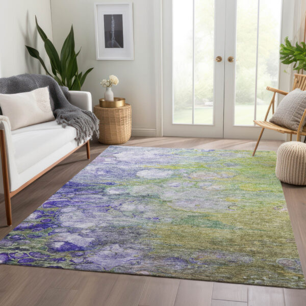 9' X 12' Artichoke Green Purple And Lilac Abstract Washable Indoor Outdoor Area Rug