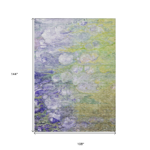 9' X 12' Artichoke Green Purple And Lilac Abstract Washable Indoor Outdoor Area Rug