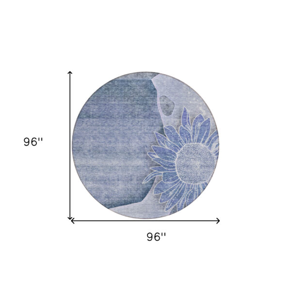 8' Sky Blue And Indigo Round Floral Washable Indoor Outdoor Area Rug