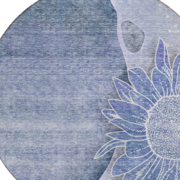 8' Sky Blue And Indigo Round Floral Washable Indoor Outdoor Area Rug