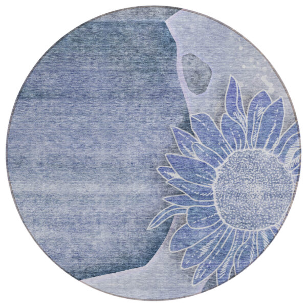 8' Sky Blue And Indigo Round Floral Washable Indoor Outdoor Area Rug