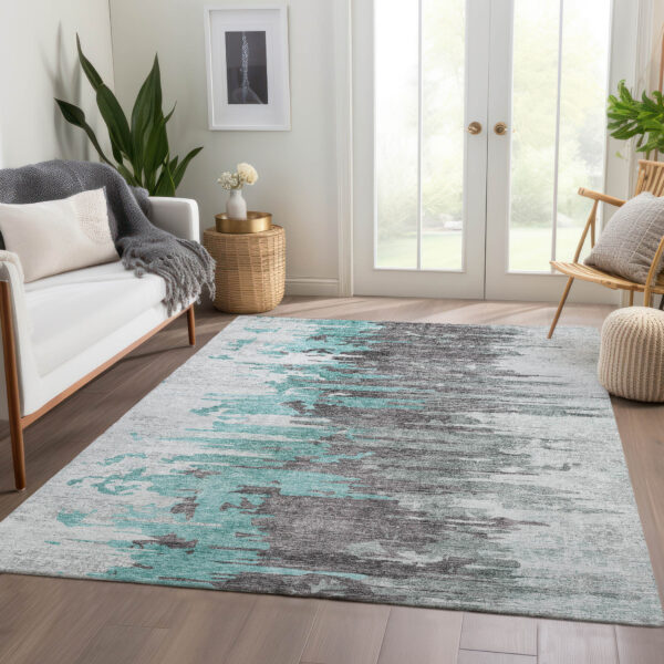 9' X 12' Teal Blue Charcoal And Silver Abstract Washable Indoor Outdoor Area Rug