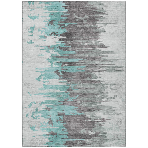 9' X 12' Teal Blue Charcoal And Silver Abstract Washable Indoor Outdoor Area Rug