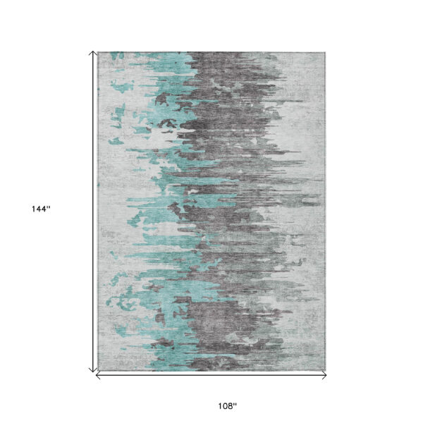 9' X 12' Teal Blue Charcoal And Silver Abstract Washable Indoor Outdoor Area Rug