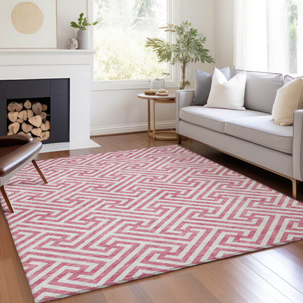 9' X 12' Pink And Ivory Geometric Washable Indoor Outdoor Area Rug