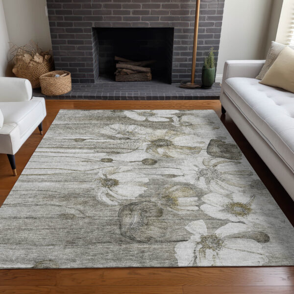 3' X 5' Taupe Ivory And Tan Floral Washable Indoor Outdoor Area Rug