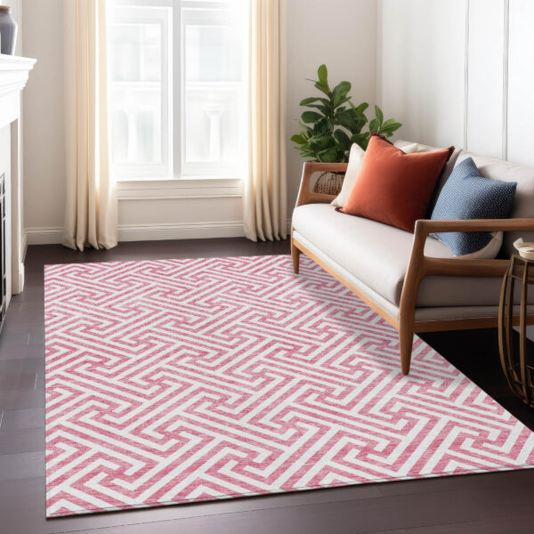 9' X 12' Pink And Ivory Geometric Washable Indoor Outdoor Area Rug