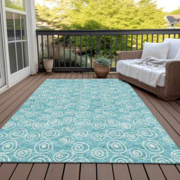 3' X 5' Teal Blue And Ivory Geometric Washable Indoor Outdoor Area Rug
