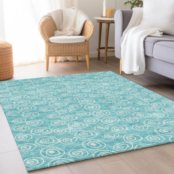 3' X 5' Teal Blue And Ivory Geometric Washable Indoor Outdoor Area Rug