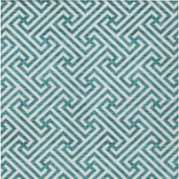 3' X 5' Teal Blue And Ivory Geometric Washable Indoor Outdoor Area Rug