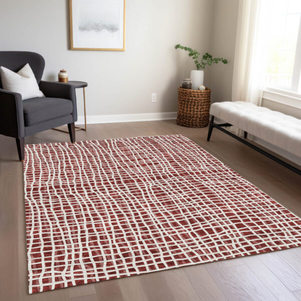9' X 12' Burgundy And Ivory Striped Washable Indoor Outdoor Area Rug