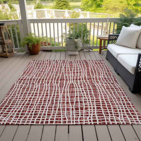 9' X 12' Burgundy And Ivory Striped Washable Indoor Outdoor Area Rug