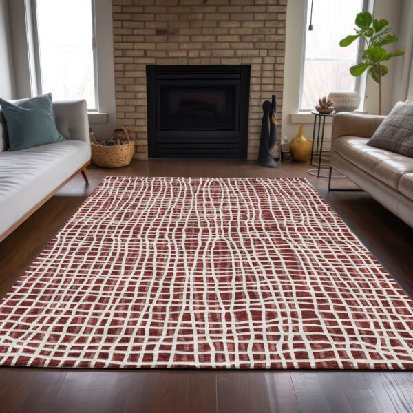 9' X 12' Burgundy And Ivory Striped Washable Indoor Outdoor Area Rug