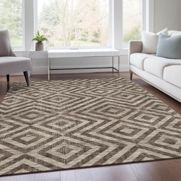 8' X 10' Brown Taupe And Beige Geometric Washable Indoor Outdoor Area Rug