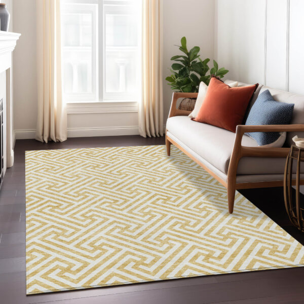 3' X 5' Gold And Ivory Geometric Washable Indoor Outdoor Area Rug