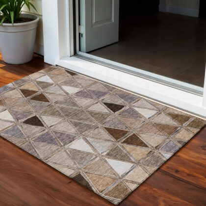 3' X 5' Brown Beige And Khaki Geometric Washable Indoor Outdoor Area Rug